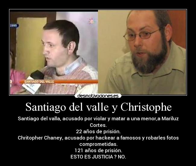 Santiago del valle y Christophe - Santiago del valla, acusado por violar y matar a una menor,a Mariluz Cortes.
22 años de prisión.
Chritopher Chaney, acusado por hackear a famosos y robarles fotos comprometidas.
121 años de prisión.
ESTO ES JUSTICIA ? NO.