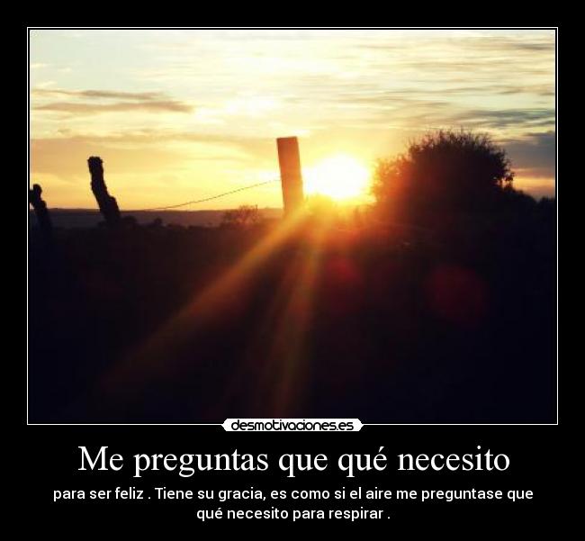 Me preguntas que qué necesito - para ser feliz . Tiene su gracia, es como si el aire me preguntase que
qué necesito para respirar .