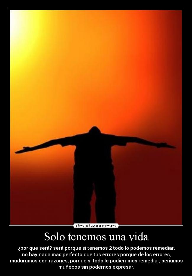 Solo tenemos una vida - ¿por que será? será porque si tenemos 2 todo lo podemos remediar,
no hay nada mas perfecto que tus errores porque de los errores,
maduramos con razones, porque si todo lo pudieramos remediar, seriamos
muñecos sin podernos expresar.