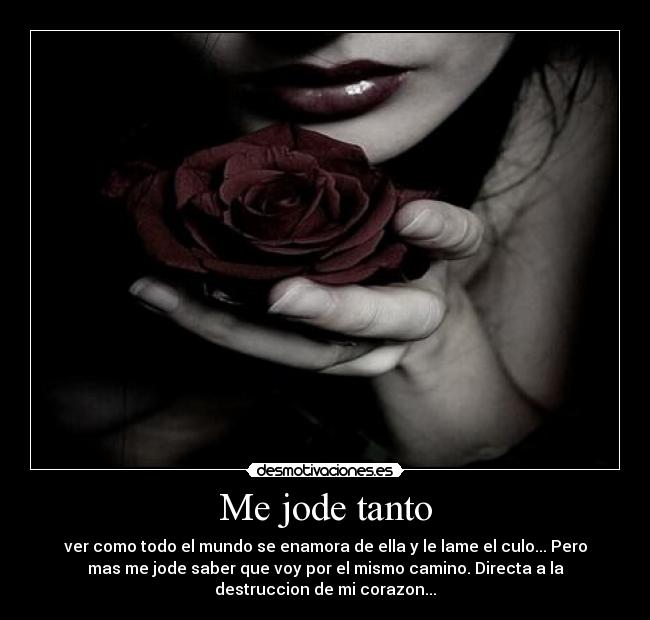 Me jode tanto - ver como todo el mundo se enamora de ella y le lame el culo... Pero
mas me jode saber que voy por el mismo camino. Directa a la
destruccion de mi corazon...