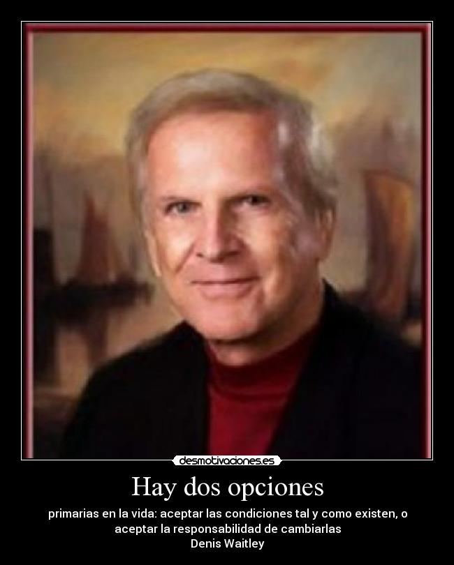 Hay dos opciones - primarias en la vida: aceptar las condiciones tal y como existen, o
aceptar la responsabilidad de cambiarlas
Denis Waitley