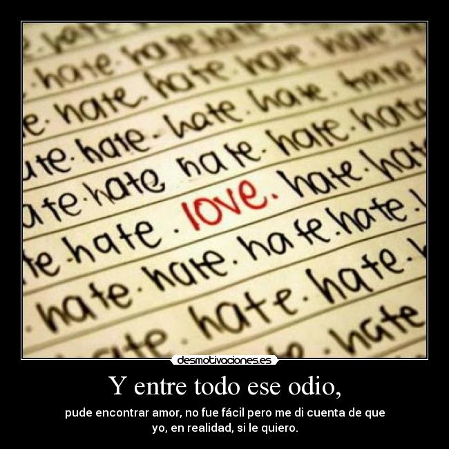 Y entre todo ese odio, - pude encontrar amor, no fue fácil pero me di cuenta de que
yo, en realidad, si le quiero.