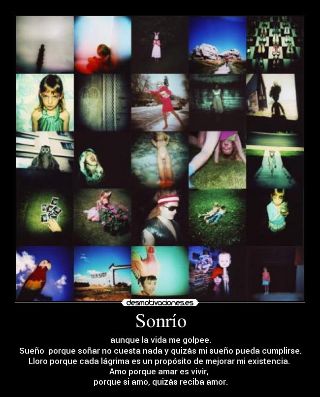 Sonrío - aunque la vida me golpee.
Sueño porque soñar no cuesta nada y quizás mi sueño pueda cumplirse.
Lloro porque cada lágrima es un propósito de mejorar mi existencia.
Amo porque amar es vivir,
porque si amo, quizás reciba amor.