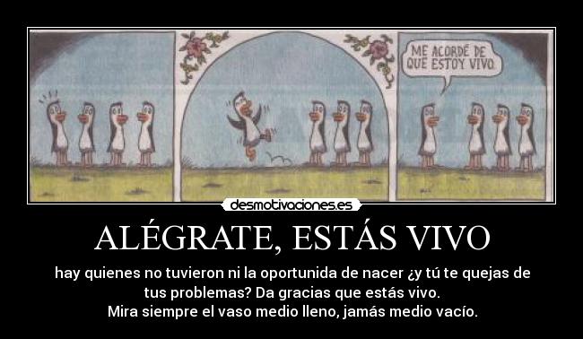 ALÉGRATE, ESTÁS VIVO - hay quienes no tuvieron ni la oportunida de nacer ¿y tú te quejas de
tus problemas? Da gracias que estás vivo.
Mira siempre el vaso medio lleno, jamás medio vacío.