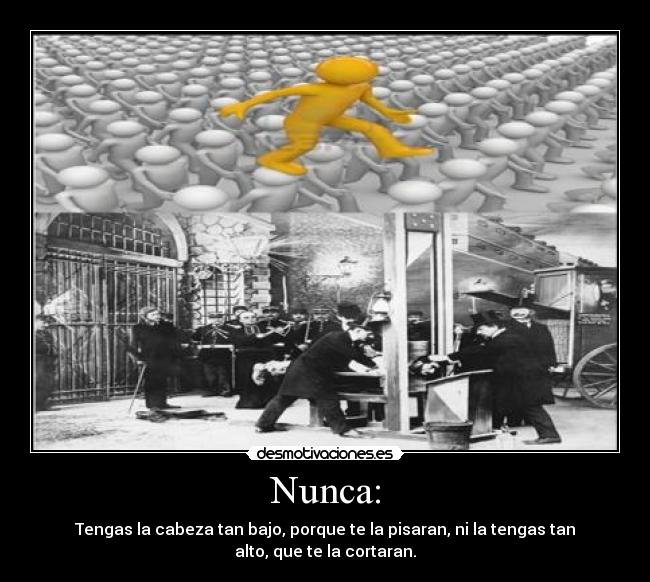 Nunca: - Tengas la cabeza tan bajo, porque te la pisaran, ni la tengas tan
alto, que te la cortaran.