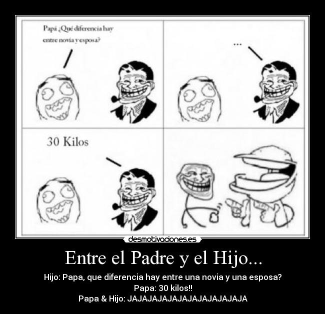 Entre el Padre y el Hijo... - Hijo: Papa, que diferencia hay entre una novia y una esposa?
Papa: 30 kilos!!
Papa & Hijo: JAJAJAJAJAJAJAJAJAJAJAJA