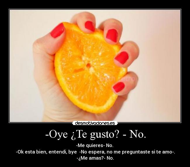 -Oye ¿Te gusto? - No. - -Me quieres- No. 
-Ok esta bien, entendi, bye  -No espera, no me preguntaste si te amo-.
-¿Me amas?- No.
