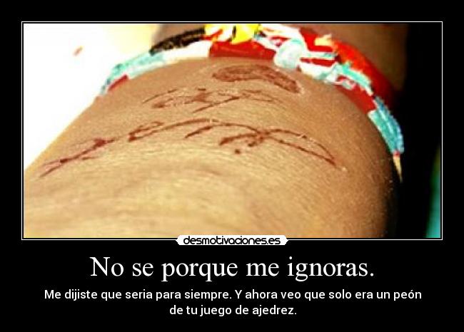 No se porque me ignoras. - Me dijiste que seria para siempre. Y ahora veo que solo era un peón
de tu juego de ajedrez.