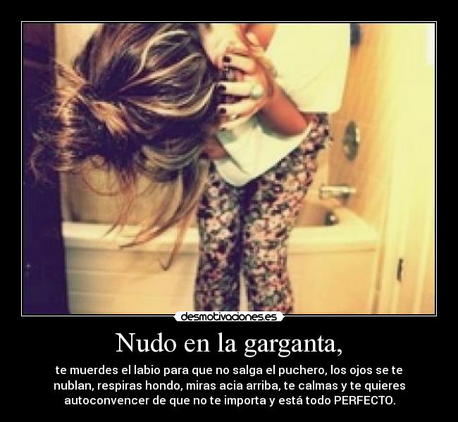 Nudo en la garganta, - te muerdes el labio para que no salga el puchero, los ojos se te
nublan, respiras hondo, miras acia arriba, te calmas y te quieres
autoconvencer de que no te importa y está todo PERFECTO.