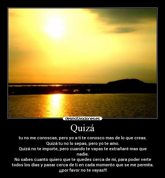 Quizá - tu no me conoscas, pero yo a ti te conosco mas de lo que creas.
Quizá tu no lo sepas, pero yo te amo.
Quizá no te importe, pero cuando te vayas te extrañaré mas que
nadie.
No sabes cuanto quiero que te quedes cerca de mi, para poder verte
todos los dias y pasar cerca de ti en cada momento que se me permita.
¡¡¡por favor no te vayas!!!