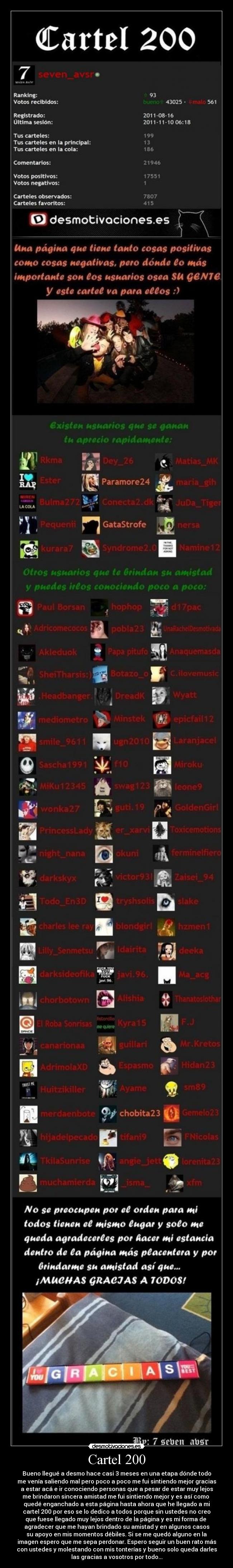 Cartel 200 - Bueno llegué a desmo hace casi 3 meses en una etapa dónde todo
me venía saliendo mal pero poco a poco me fui sintiendo mejor gracias
a estar acá e ir conociendo personas que a pesar de estar muy lejos
me brindaron sincera amistad me fui sintiendo mejor y es así como 
quedé enganchado a esta página hasta ahora que he llegado a mi
cartel 200 por eso se lo dedico a todos porque sin ustedes no creo
que fuese llegado muy lejos dentro de la página y es mi forma de 
agradecer que me hayan brindado su amistad y en algunos casos
su apoyo en mis momentos débiles. Si se me quedó alguno en la
imagen espero que me sepa perdonar. Espero seguir un buen rato más
con ustedes y molestando con mis tonterías y bueno solo queda darles
las gracias a vosotros por todo...