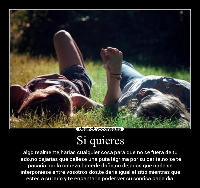 Si quieres - algo realmente;harias cualquier cosa para que no se fuera de tu
lado,no dejarias que callese una puta lágrima por su carita,no se te
pasaria por la cabeza hacerle daño,no dejarias que nada se
interponiese entre vosotros dos,te daria igual el sitio mientras que
estés a su lado y te encantaria poder ver su sonrisa cada día.