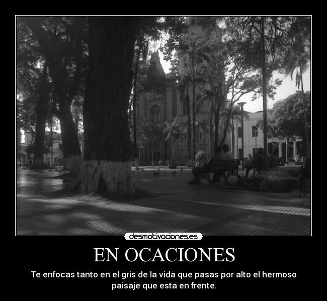 EN OCACIONES - Te enfocas tanto en el gris de la vida que pasas por alto el hermoso
paisaje que esta en frente.