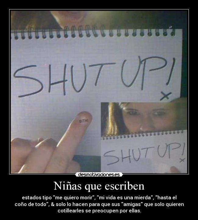 Niñas que escriben - estados tipo me quiero morir, mi vida es una mierda, hasta el
coño de todo, & solo lo hacen para que sus amigas que solo quieren
cotillearles se preocupen por ellas.