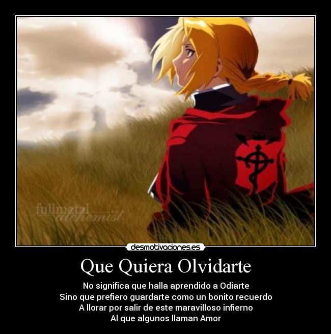 Que Quiera Olvidarte - No significa que halla aprendido a Odiarte
Sino que prefiero guardarte como un bonito recuerdo
A llorar por salir de este maravilloso infierno
Al que algunos llaman Amor