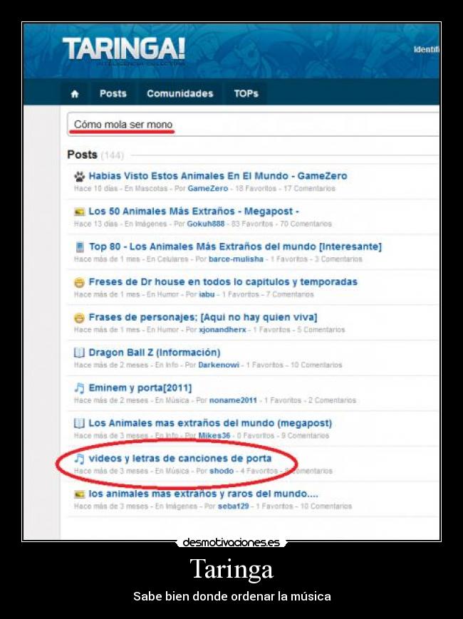 Taringa - Sabe bien donde ordenar la música