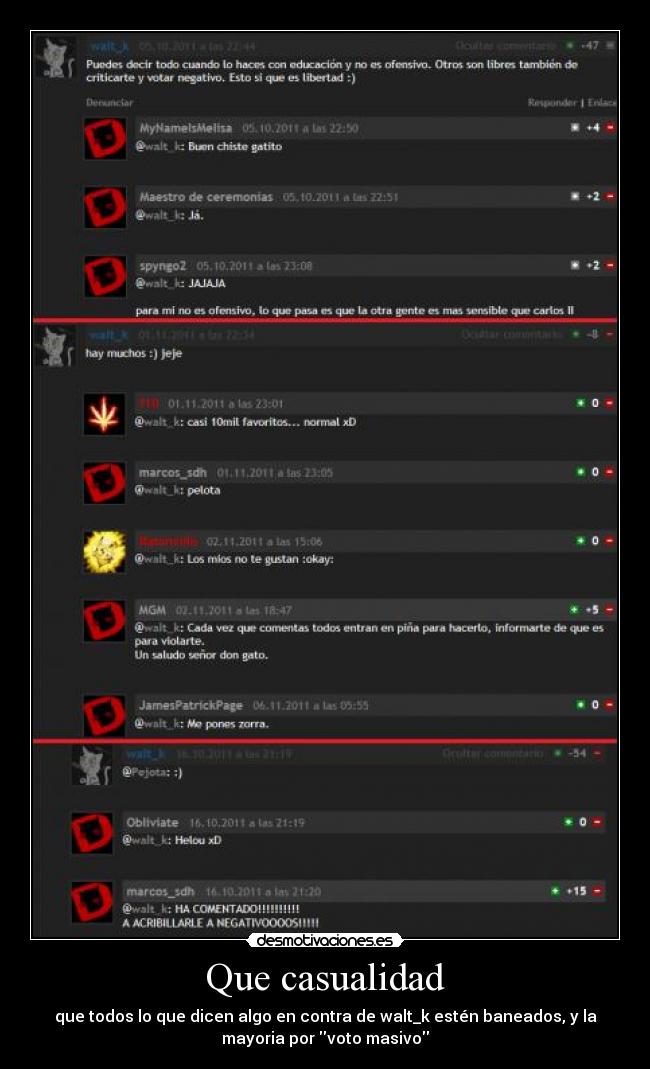 Que casualidad - que todos lo que dicen algo en contra de walt_k estén baneados, y la
mayoria por voto masivo