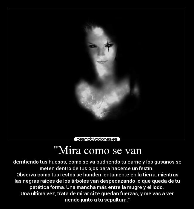 Mira como se van - derritiendo tus huesos, como se va pudriendo tu carne y los gusanos se
meten dentro de tus ojos para hacerse un festín.
Observa como tus restos se hunden lentamente en la tierra, mientras
las negras raíces de los árboles van despedazando lo que queda de tu
patética forma. Una mancha más entre la mugre y el lodo.
Una última vez, trata de mirar si te quedan fuerzas, y me vas a ver
riendo junto a tu sepultura.