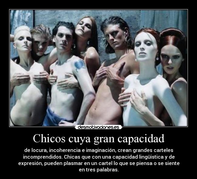 Chicos cuya gran capacidad - de locura, incoherencia e imaginación, crean grandes carteles
incomprendidos. Chicas que con una capacidad lingüistica y de
expresión, pueden plasmar en un cartel lo que se piensa o se siente
en tres palabras.