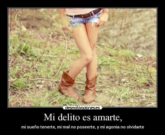 Mi delito es amarte, - mi sueño tenerte, mi mal no poseerte, y mi agonia no olvidarte