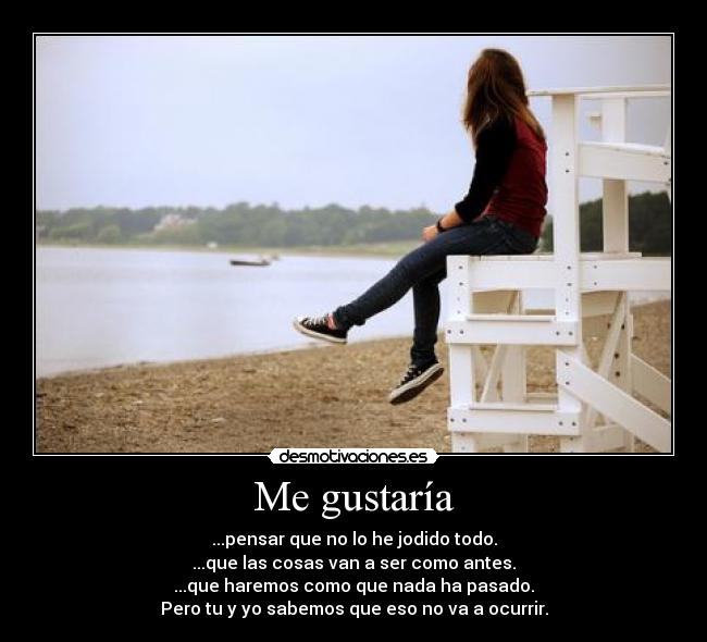 Me gustaría - ...pensar que no lo he jodido todo.
...que las cosas van a ser como antes.
...que haremos como que nada ha pasado.
Pero tu y yo sabemos que eso no va a ocurrir.