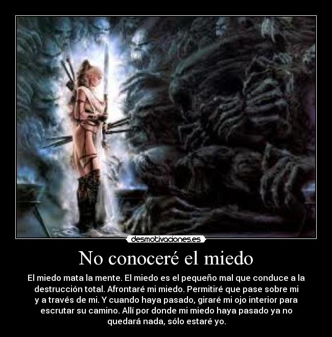 No conoceré el miedo - El miedo mata la mente. El miedo es el pequeño mal que conduce a la
destrucción total. Afrontaré mi miedo. Permitiré que pase sobre mi
y a través de mi. Y cuando haya pasado, giraré mi ojo interior para
escrutar su camino. Allí por donde mi miedo haya pasado ya no
quedará nada, sólo estaré yo.