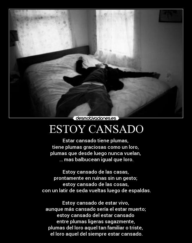 ESTOY CANSADO - Estar cansado tiene plumas, 
tiene plumas graciosas como un loro, 
plumas que desde luego nunca vuelan, 
... mas balbucean igual que loro.

Estoy cansado de las casas, 
prontamente en ruinas sin un gesto; 
estoy cansado de las cosas, 
con un latir de seda vueltas luego de espaldas.

Estoy cansado de estar vivo, 
aunque más cansado sería el estar muerto; 
estoy cansado del estar cansado 
entre plumas ligeras sagazmente, 
plumas del loro aquel tan familiar o triste, 
el loro aquel del siempre estar cansado.