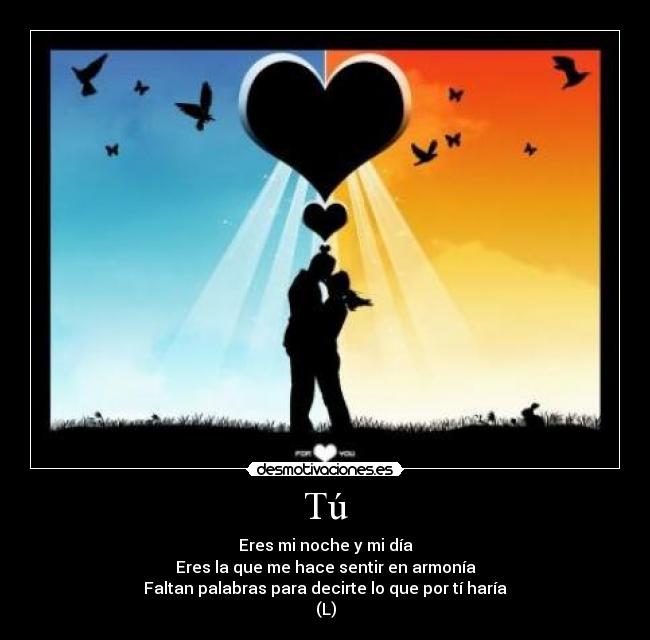 Tú - Eres mi noche y mi día
Eres la que me hace sentir en armonía
Faltan palabras para decirte lo que por tí haría
(L)