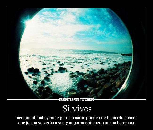 Si vives - siempre al límite y no te paras a mirar, puede que te pierdas cosas
que jamas volverás a ver, y seguramente sean cosas hermosas