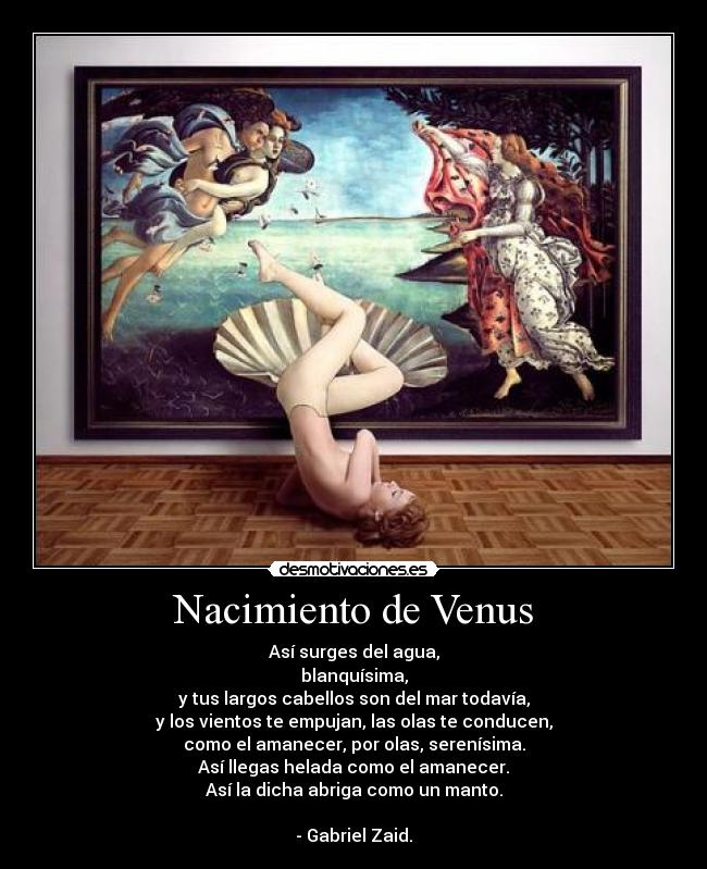 Nacimiento de Venus - Así surges del agua,
blanquísima,
y tus largos cabellos son del mar todavía,
y los vientos te empujan, las olas te conducen,
como el amanecer, por olas, serenísima.
Así llegas helada como el amanecer.
Así la dicha abriga como un manto.

- Gabriel Zaid.