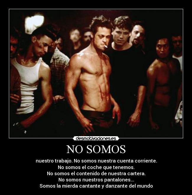 NO SOMOS - nuestro trabajo. No somos nuestra cuenta corriente.
No somos el coche que tenemos.
No somos el contenido de nuestra cartera.
No somos nuestros pantalones...
Somos la mierda cantante y danzante del mundo