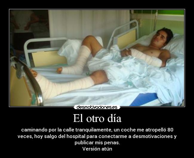El otro día - caminando por la calle tranquilamente, un coche me atropelló 80
veces, hoy salgo del hospital para conectarme a desmotivaciones y
publicar mis penas.
Versión atún