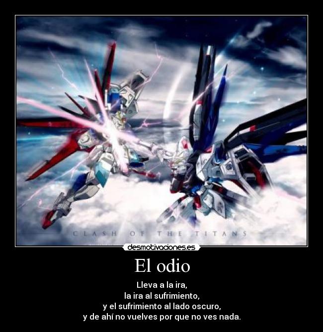 El odio - Lleva a la ira,
la ira al sufrimiento,
y el sufrimiento al lado oscuro,
y de ahí no vuelves por que no ves nada.