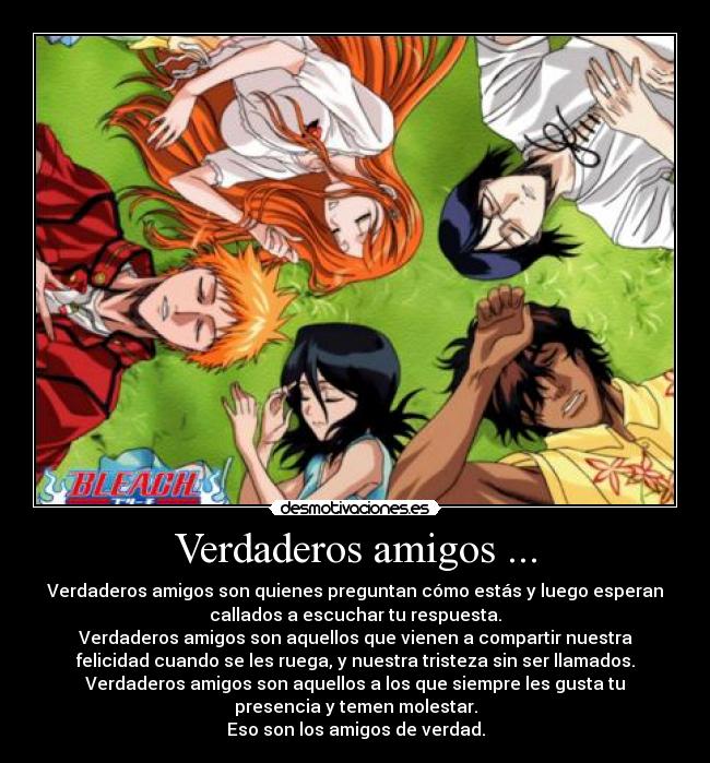 Verdaderos amigos ... - Verdaderos amigos son quienes preguntan cómo estás y luego esperan
callados a escuchar tu respuesta.
Verdaderos amigos son aquellos que vienen a compartir nuestra
felicidad cuando se les ruega, y nuestra tristeza sin ser llamados.
Verdaderos amigos son aquellos a los que siempre les gusta tu
presencia y temen molestar.
Eso son los amigos de verdad.