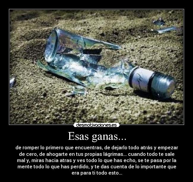 Esas ganas... - de romper lo primero que encuentras, de dejarlo todo atrás y empezar
de cero, de ahogarte en tus propias lágrimas... cuando todo te sale
mal y, miras hacia atras y ves todo lo que has echo, se te pasa por la
mente todo lo que has perdido, y te das cuenta de lo importante que
era para ti todo esto...