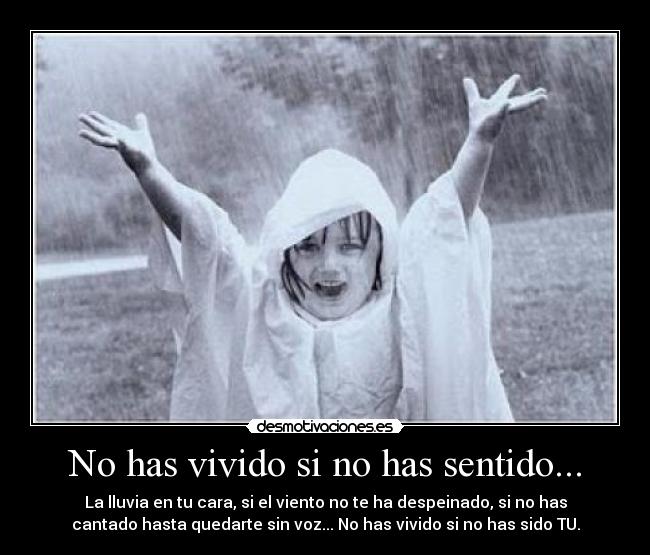 No has vivido si no has sentido... - La lluvia en tu cara, si el viento no te ha despeinado, si no has
cantado hasta quedarte sin voz... No has vivido si no has sido TU.