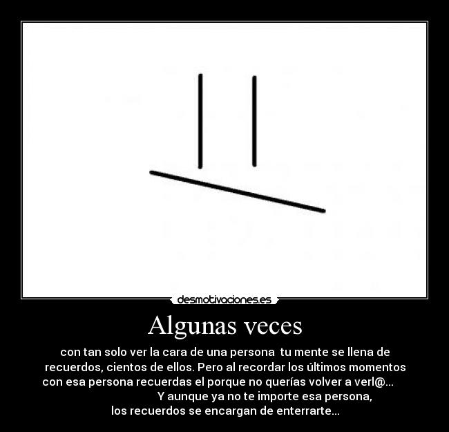 Algunas veces - con tan solo ver la cara de una persona  tu mente se llena de
recuerdos, cientos de ellos. Pero al recordar los últimos momentos
con esa persona recuerdas el porque no querías volver a verl@...     
                             Y aunque ya no te importe esa persona,
los recuerdos se encargan de enterrarte...