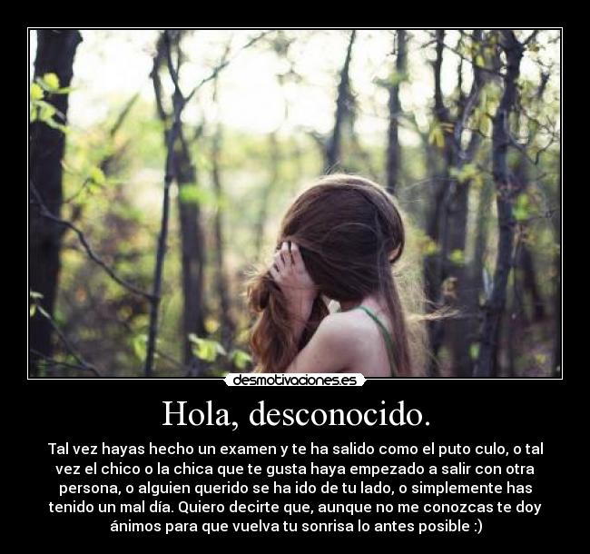 Hola, desconocido. - Tal vez hayas hecho un examen y te ha salido como el puto culo, o tal
vez el chico o la chica que te gusta haya empezado a salir con otra
persona, o alguien querido se ha ido de tu lado, o simplemente has
tenido un mal día. Quiero decirte que, aunque no me conozcas te doy
ánimos para que vuelva tu sonrisa lo antes posible :)