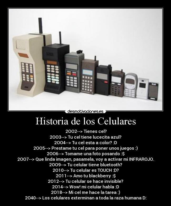 Historia de los Celulares - 2OO2--> Tienes cel?
2OO3--> Tu cel tiene lucecita azul?
2OO4--> Tu cel esta a color? :D
2OO5--> Prestame tu cel para poner unos juegos :)
2OO6--> Tomame una foto posando :$
2OO7--> Que linda imagen, pasamela, voy a activar mi INFRAROJO.
2OO9--> Tu celular tiene bluetooth?
2O10--> Tu celular es TOUCH :D?
2O11--> Amo tu blackberry :$
2O12--> Tu celular se hace invisible?
2O14--> Wow! mi celular habla :D
2O18--> Mi cel me hace la tarea :)
2O40--> Los celulares exterminan a toda la raza humana D: