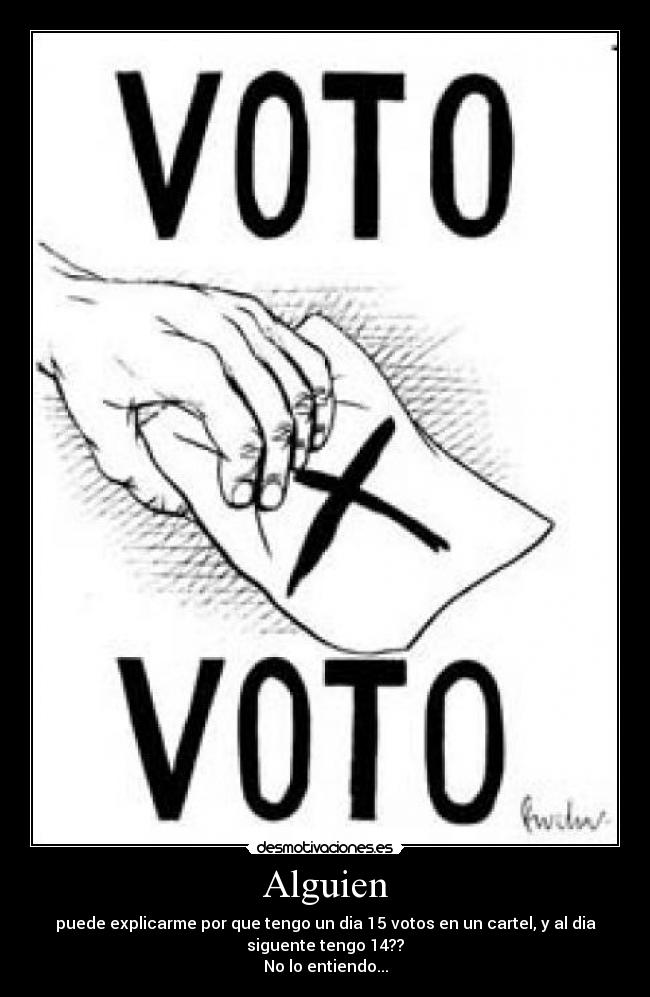 Alguien - puede explicarme por que tengo un dia 15 votos en un cartel, y al dia
siguente tengo 14??
No lo entiendo...