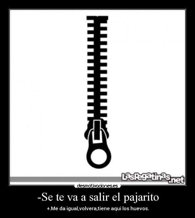 -Se te va a salir el pajarito - +.Me da igual,volvera,tiene aqui los huevos.