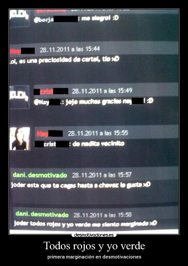 Todos rojos y yo verde - primera marginación en desmotivaciones
