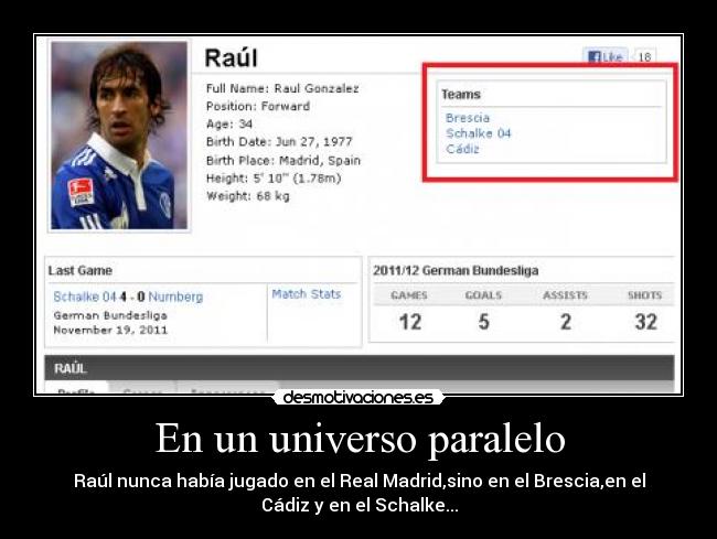 En un universo paralelo - Raúl nunca había jugado en el Real Madrid,sino en el Brescia,en el
Cádiz y en el Schalke...