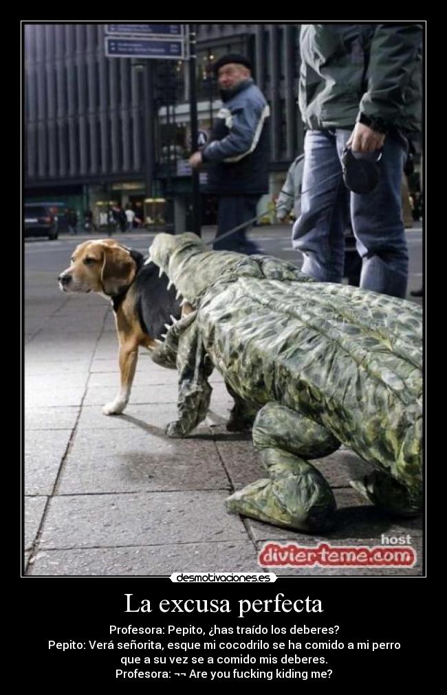 La excusa perfecta - Profesora: Pepito, ¿has traído los deberes?
Pepito: Verá señorita, esque mi cocodrilo se ha comido a mi perro
que a su vez se a comido mis deberes.
Profesora: ¬¬ Are you fucking kiding me?