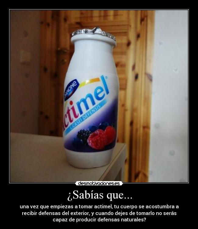¿Sabías que... - una vez que empiezas a tomar actimel, tu cuerpo se acostumbra a
recibir defensas del exterior, y cuando dejes de tomarlo no serás
capaz de producir defensas naturales?