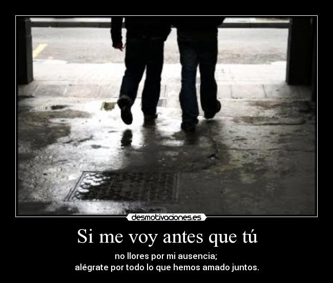 Si me voy antes que tú - no llores por mi ausencia;
alégrate por todo lo que hemos amado juntos.