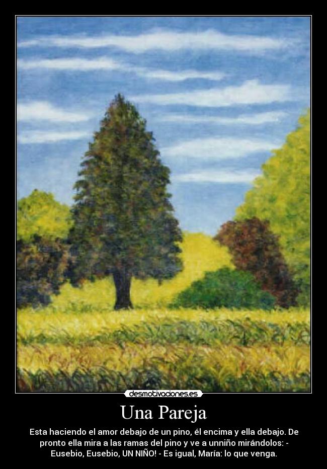 Una Pareja - Esta haciendo el amor debajo de un pino, él encima y ella debajo. De
pronto ella mira a las ramas del pino y ve a unniño mirándolos: -
Eusebio, Eusebio, UN NIÑO! - Es igual, María: lo que venga.