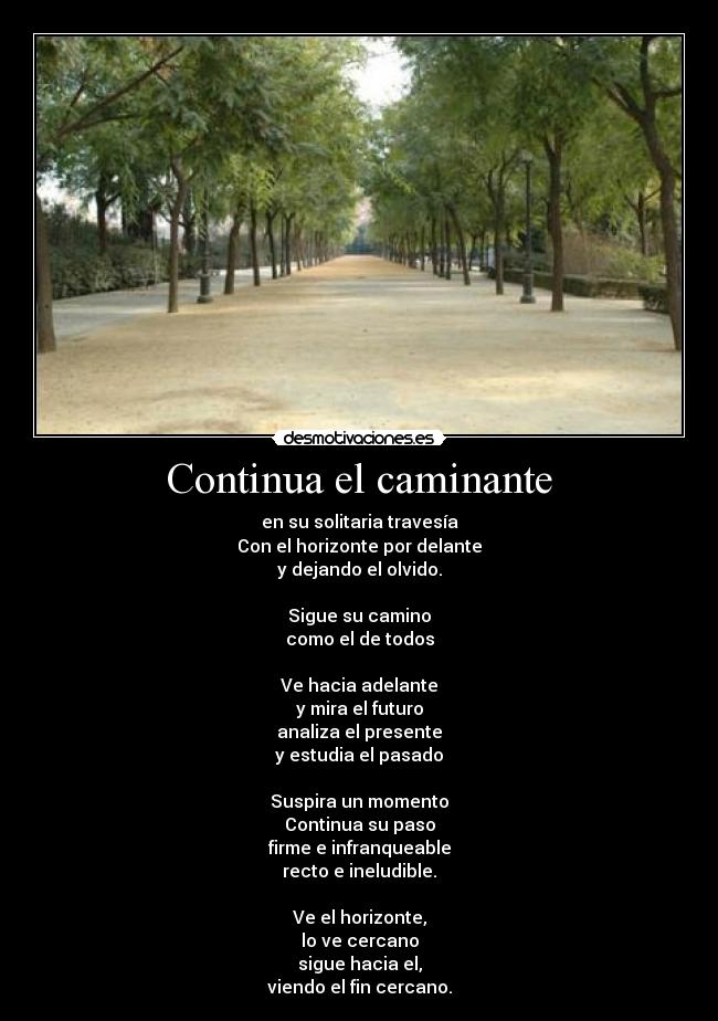 Continua el caminante - en su solitaria travesía
Con el horizonte por delante
y dejando el olvido.

Sigue su camino
como el de todos

Ve hacia adelante
y mira el futuro
analiza el presente
y estudia el pasado

Suspira un momento
Continua su paso
firme e infranqueable
recto e ineludible.

Ve el horizonte,
lo ve cercano
sigue hacia el,
viendo el fin cercano.