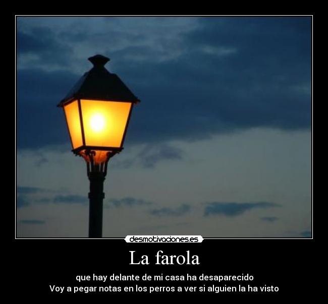 La farola - que hay delante de mi casa ha desaparecido
Voy a pegar notas en los perros a ver si alguien la ha visto