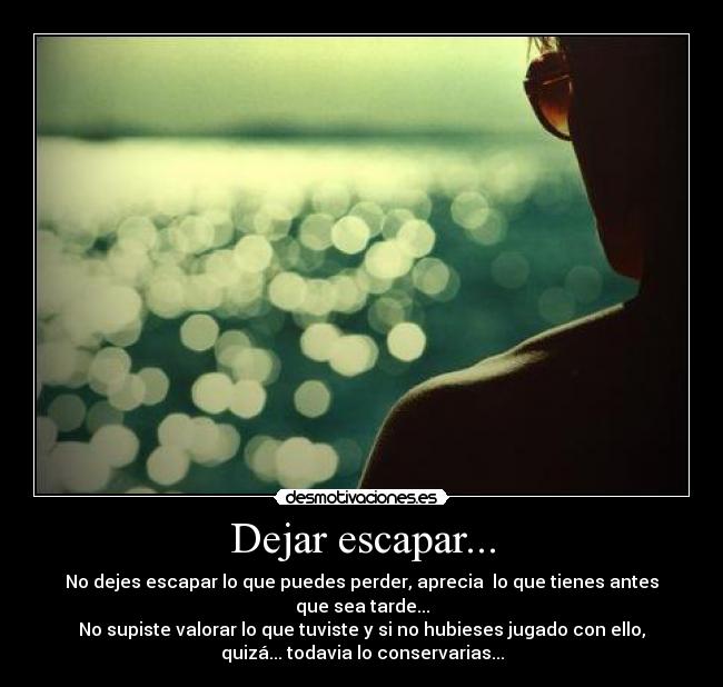 Dejar escapar... - No dejes escapar lo que puedes perder, aprecia lo que tienes antes
que sea tarde...
No supiste valorar lo que tuviste y si no hubieses jugado con ello,
quizá... todavia lo conservarias...